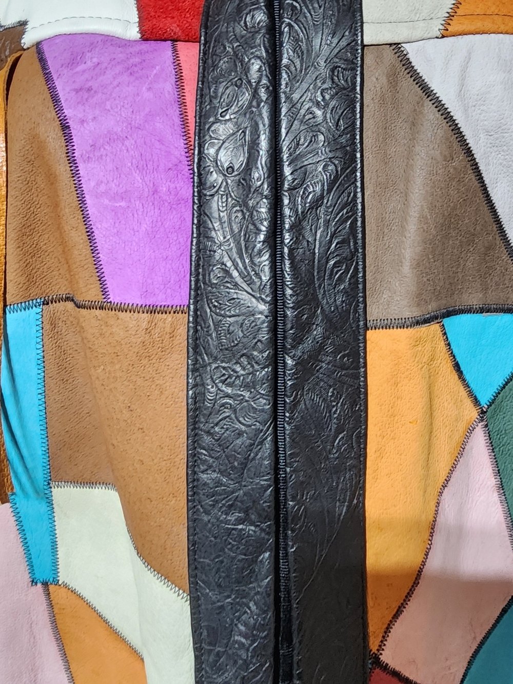 Vintage 80s Patchwork Leather Fringe Jacket Oversized Western Boho M/L - Picture 10 of 16